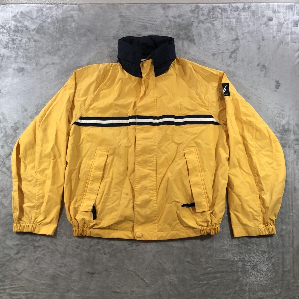 Vintage Nautica Jacket Mens Large Yellow NS-83 Hooded Windbreaker Striped Logo